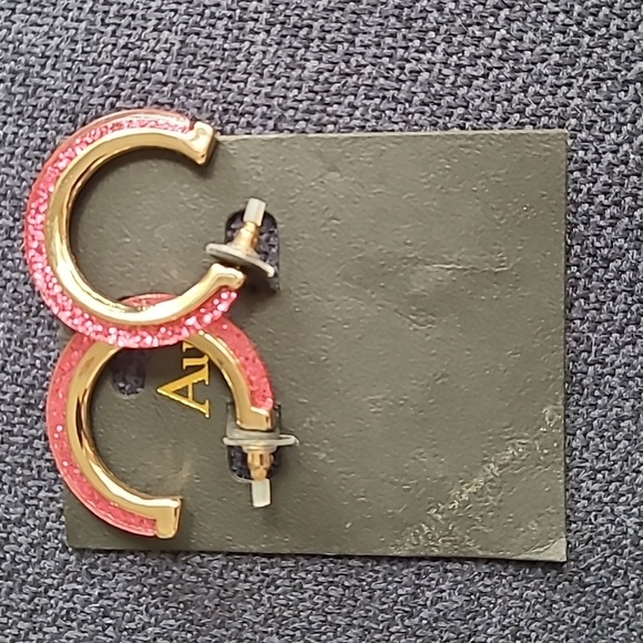 Aura Womens Open Hoop Shiny Gold Barbie Pink Sparkle Glitter Pierced Earrings - Picture 2 of 4